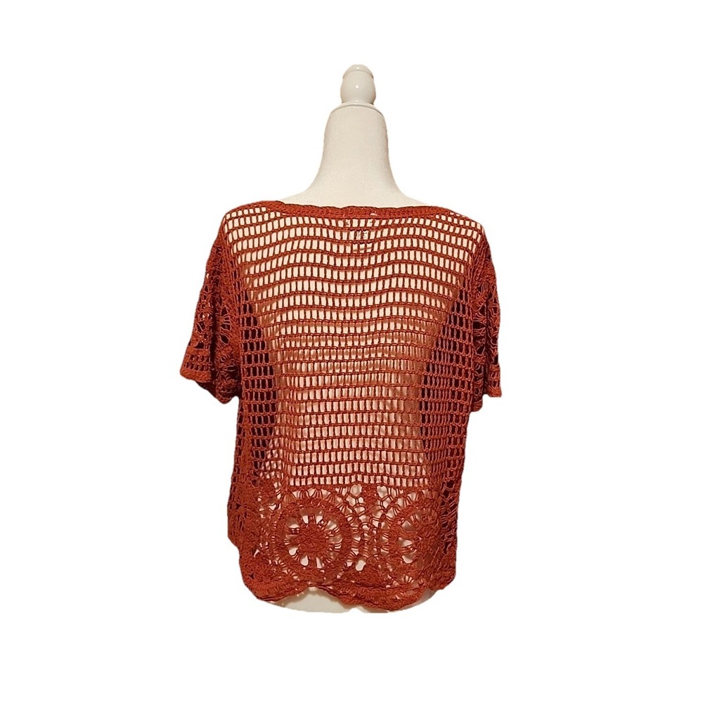 Ultra Pink Womens Crochet Top L Orange Open Knit Layering Boho Festival Cottage - Picture 2 of 9